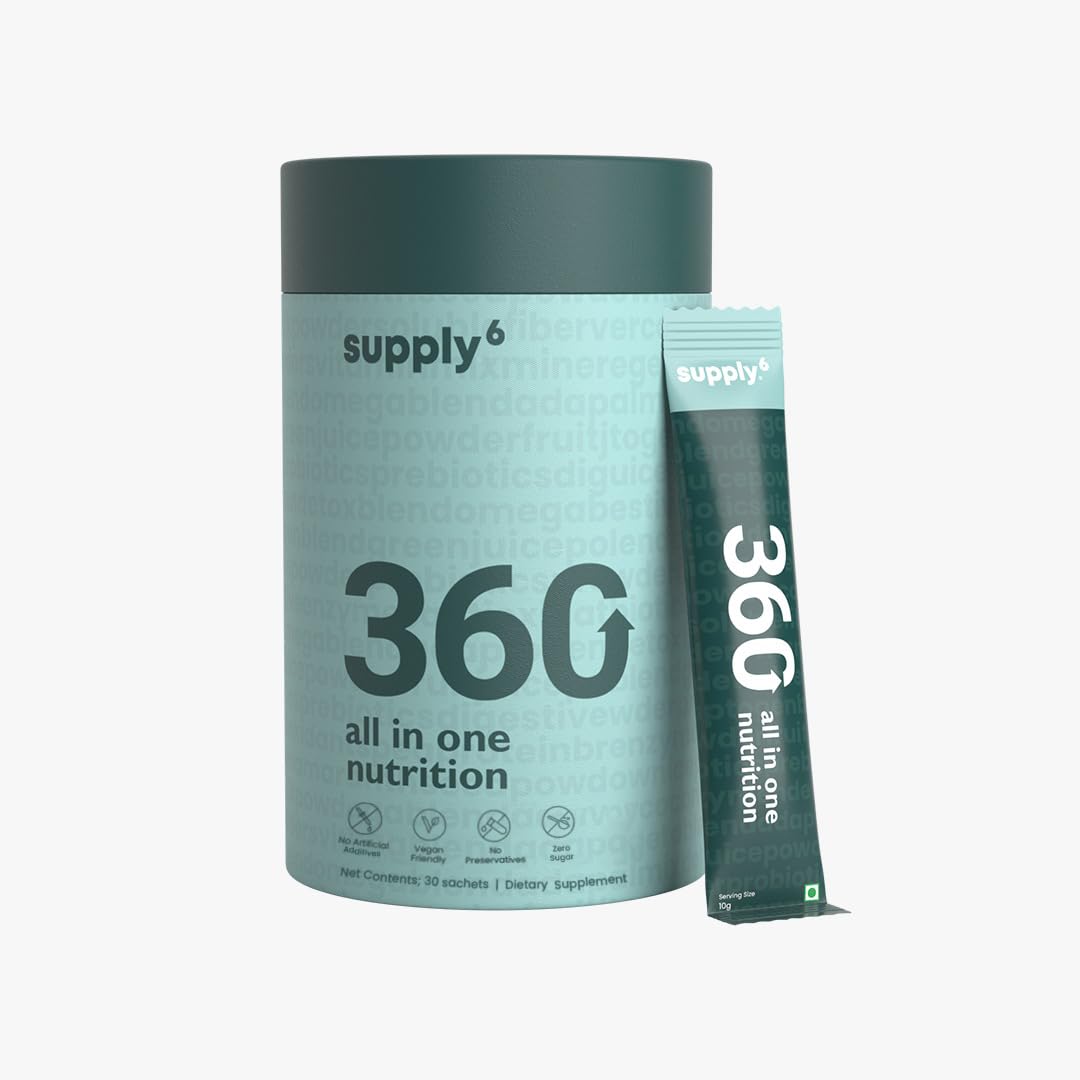 SUPPLY6 360 Greens Powder with 80+ Superfoods Ayurvedic Herbs Vitamins Minerals Probiotics & Botanicals | Supports Energy Gut Health & Immunity | Plant-Based & No Added Sugar | 15 Servings