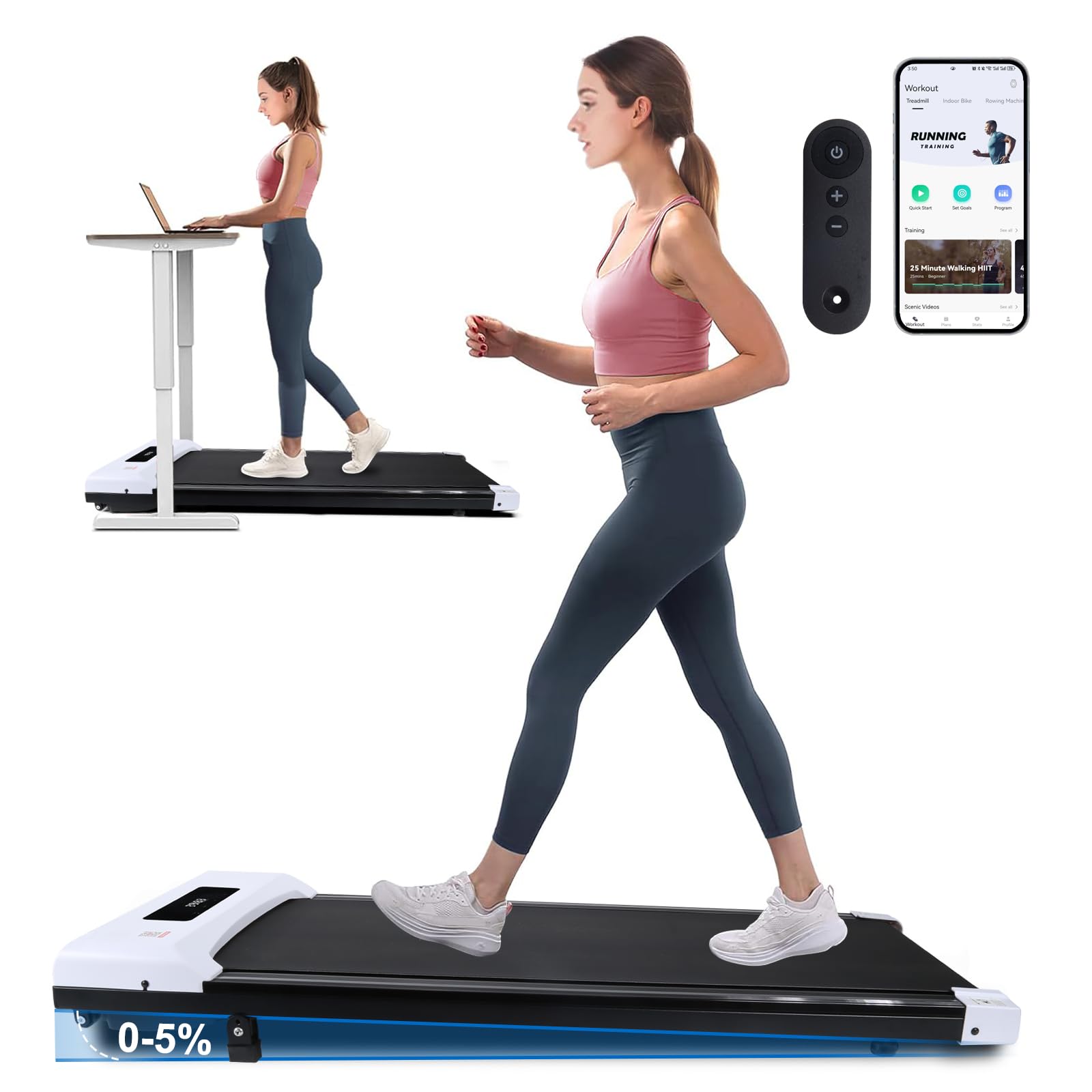 HEYTENT Walking Pad Treadmill with 5% Incline Under Desk Treadmill Portable Mini Walking Treadmills for Home/Office Installation Free Works W/FITSHOW Apps & Remote Control 2.5 HP 300LB Capacity